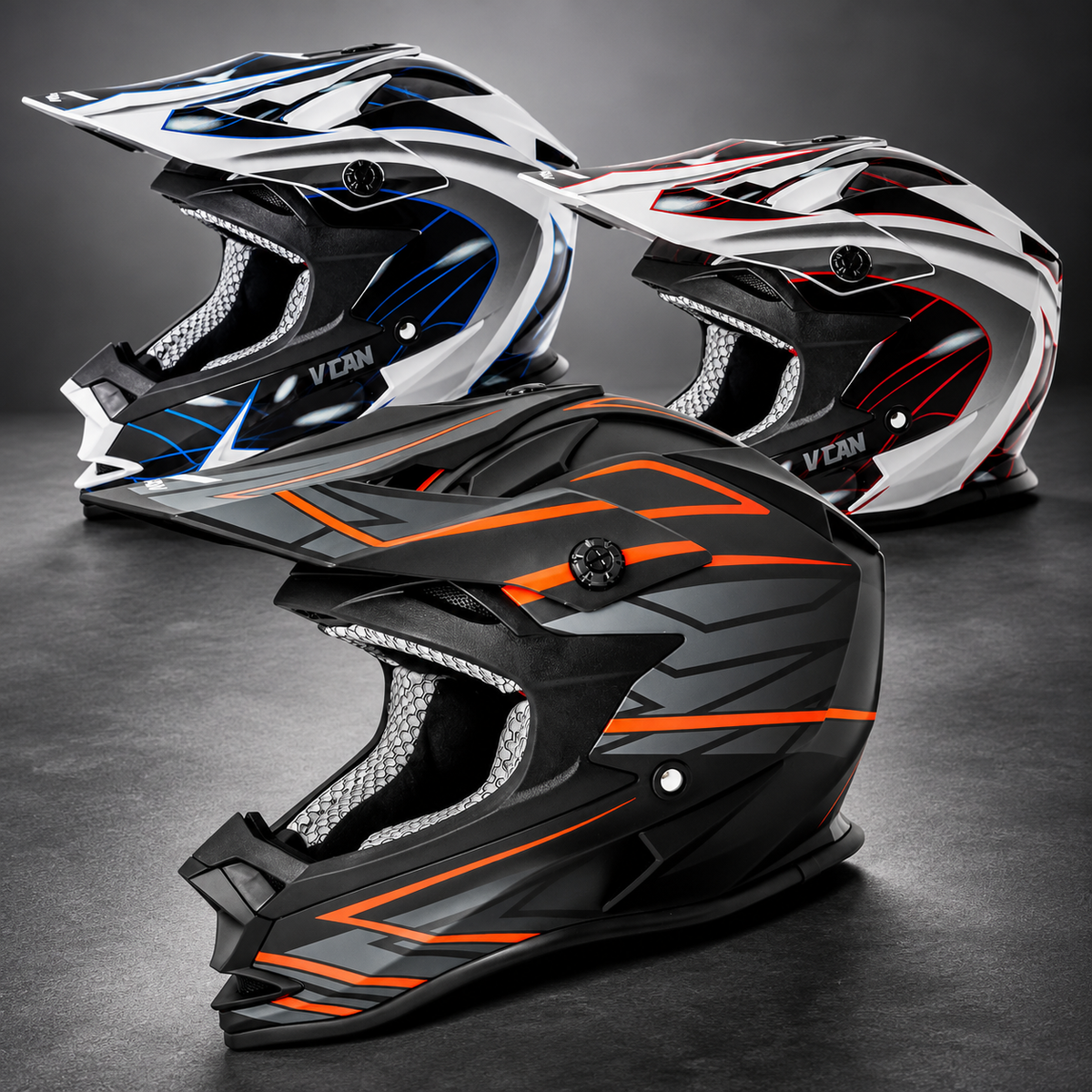 VCAN motocross helmets in orange matte, blue gloss and red gloss at Electron-X