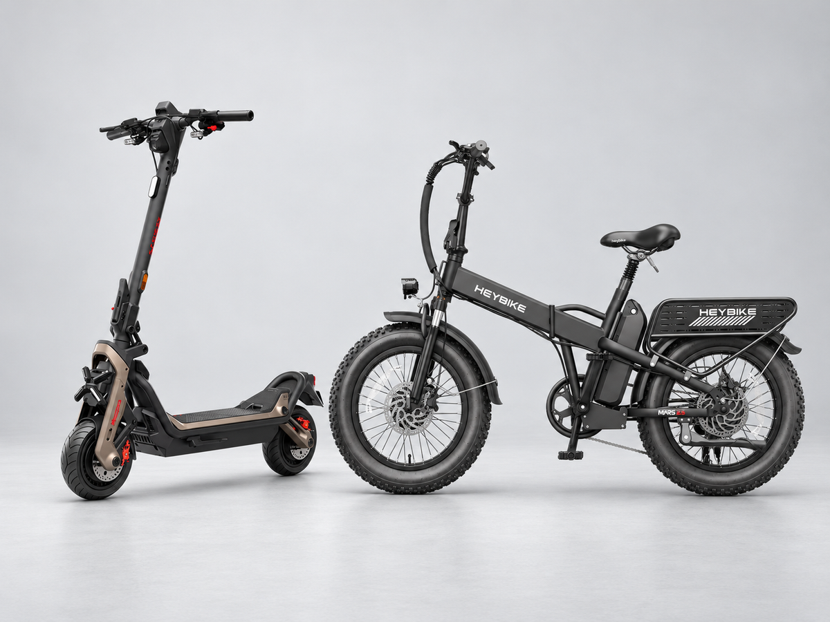 Segway GT3 Pro kickscooter and Heybike Mars 2.5 electric bicycle side by side at realistic scale