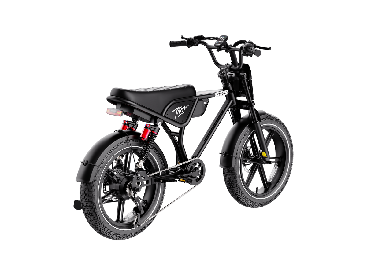 Heybike Titan single-battery electric bike in black, rear three-quarter view