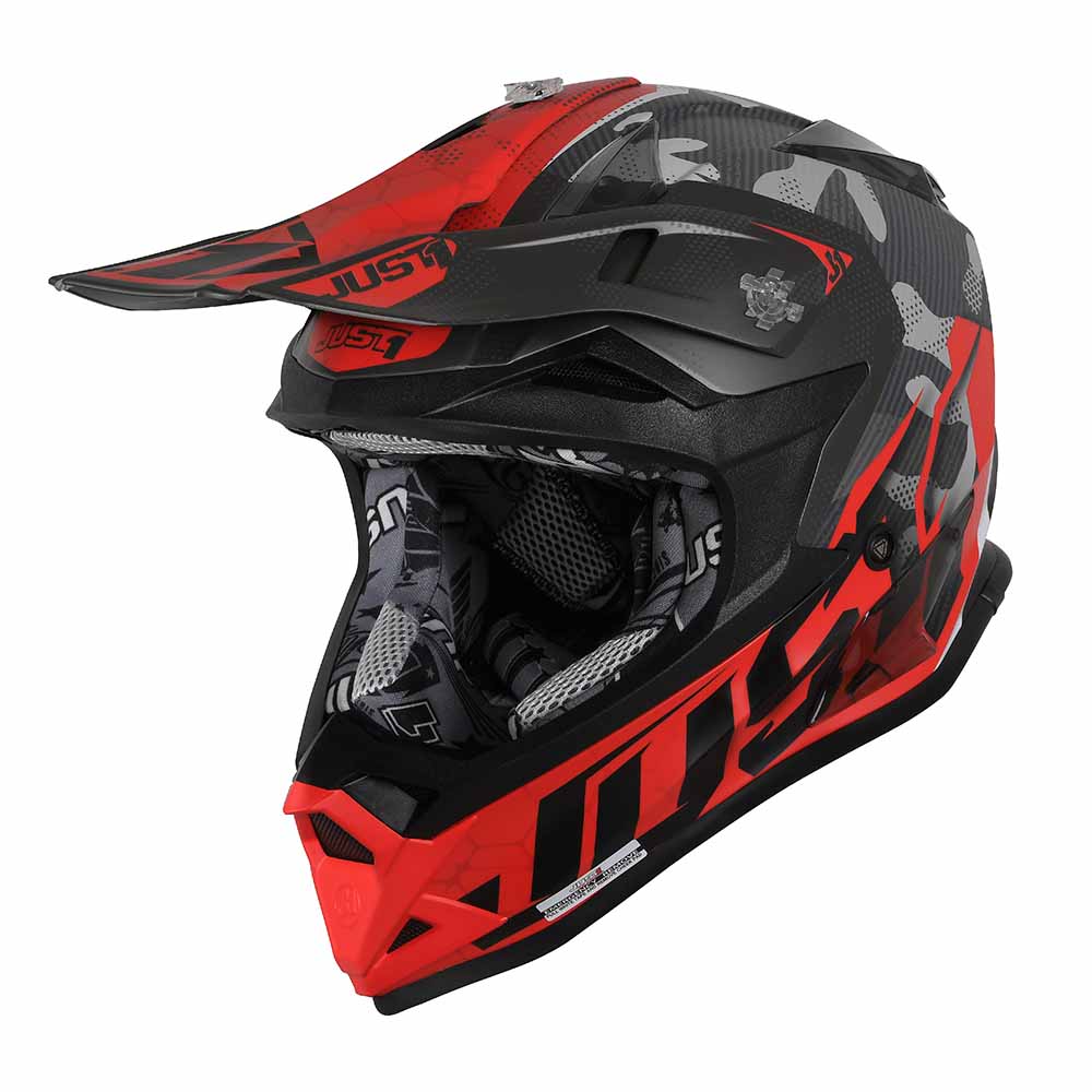 JUST1 J32 Youth Camo Fluo Red motocross helmet, front three-quarter view