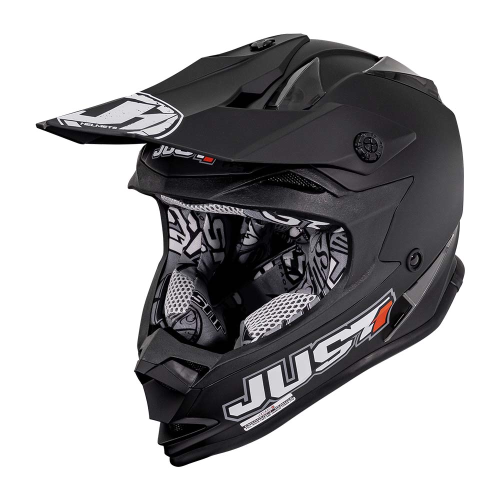 JUST1 J32 Youth Matte Black motocross helmet, front three-quarter view