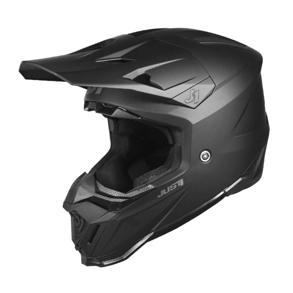 JUST1 J40 Solid Matte Black adult motocross helmet, front three-quarter view