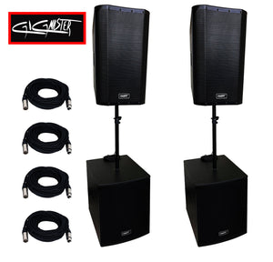 Gig Master Pro Audio ACTIVE 2x18" 1800W Subwoofers and 2x15" 500RMS PA ACTIVE Speakers. Tripods and XLR male to female cables included
